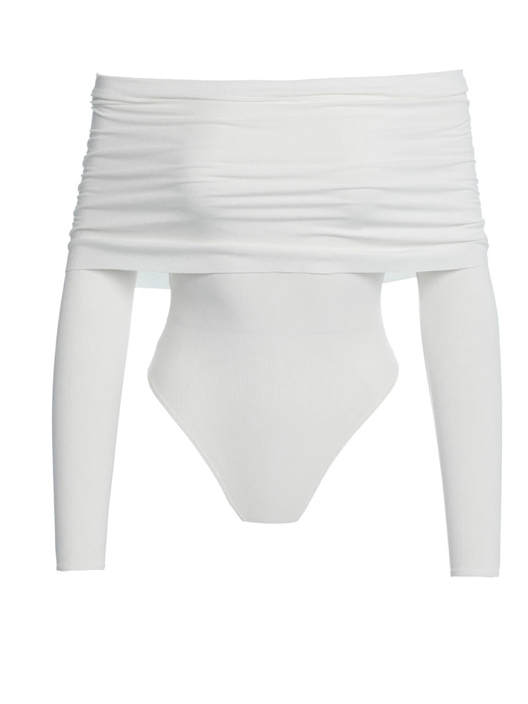 WHITE OFF SHOULDER RIBBED BODYSUIT