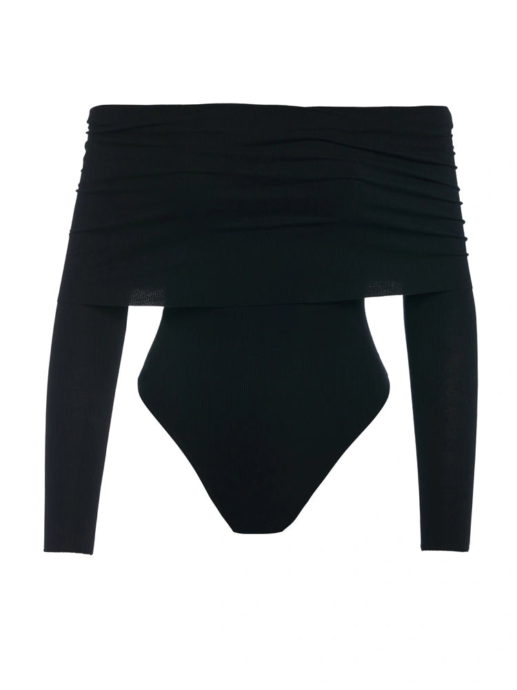 BLACK OFF SHOULDER RIBBED BODYSUIT