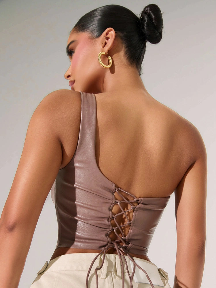 TAUPE Vegan Leather Lace Up Corset