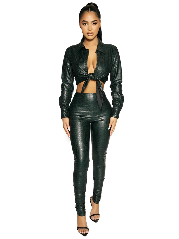 DARK GREEN Vegan Leather Croc Leggings
