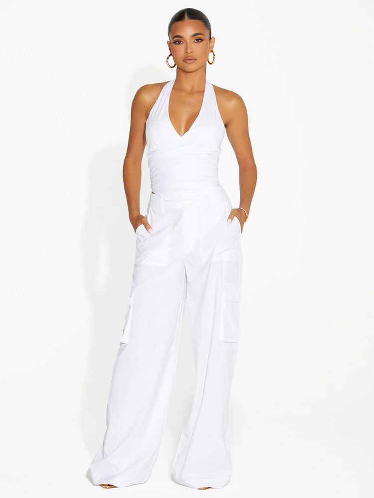 WHITE Shirting Cargo Wide Leg Pants