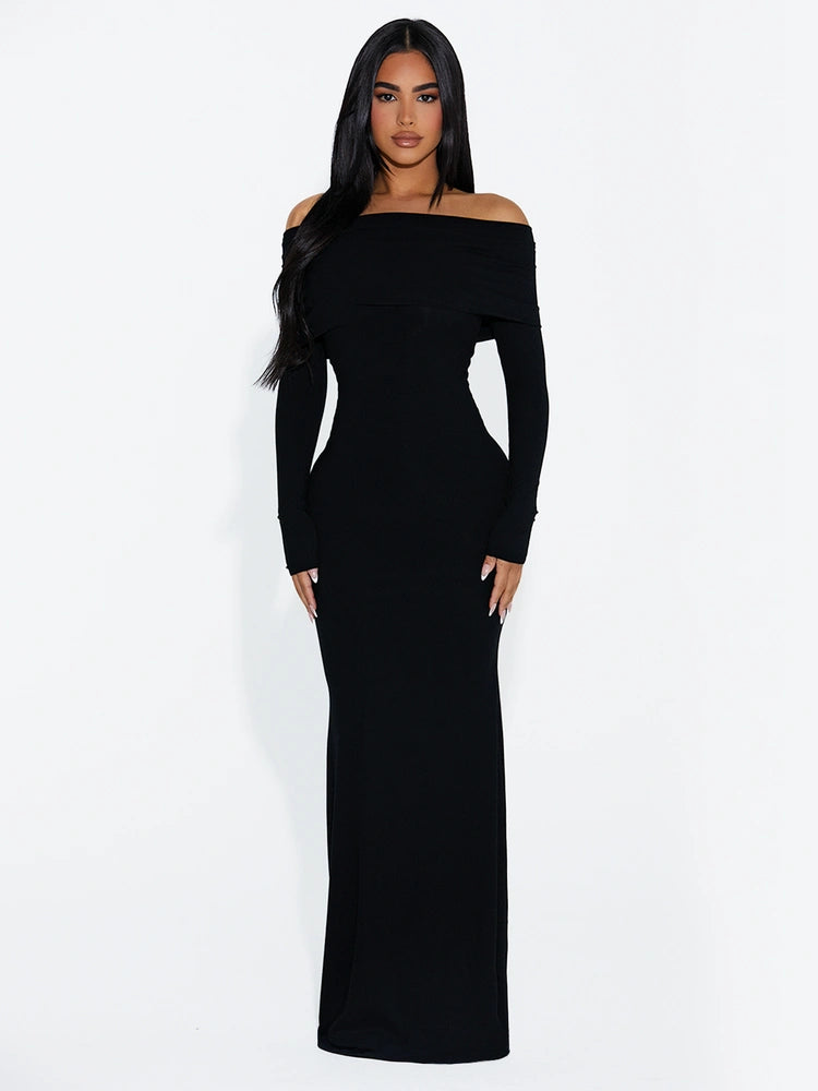 Black OFF SHOULDER RIBBED MAXI DRESS