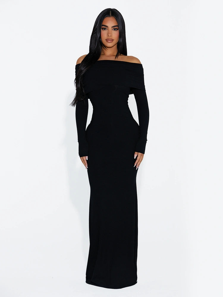 Black OFF SHOULDER RIBBED MAXI DRESS