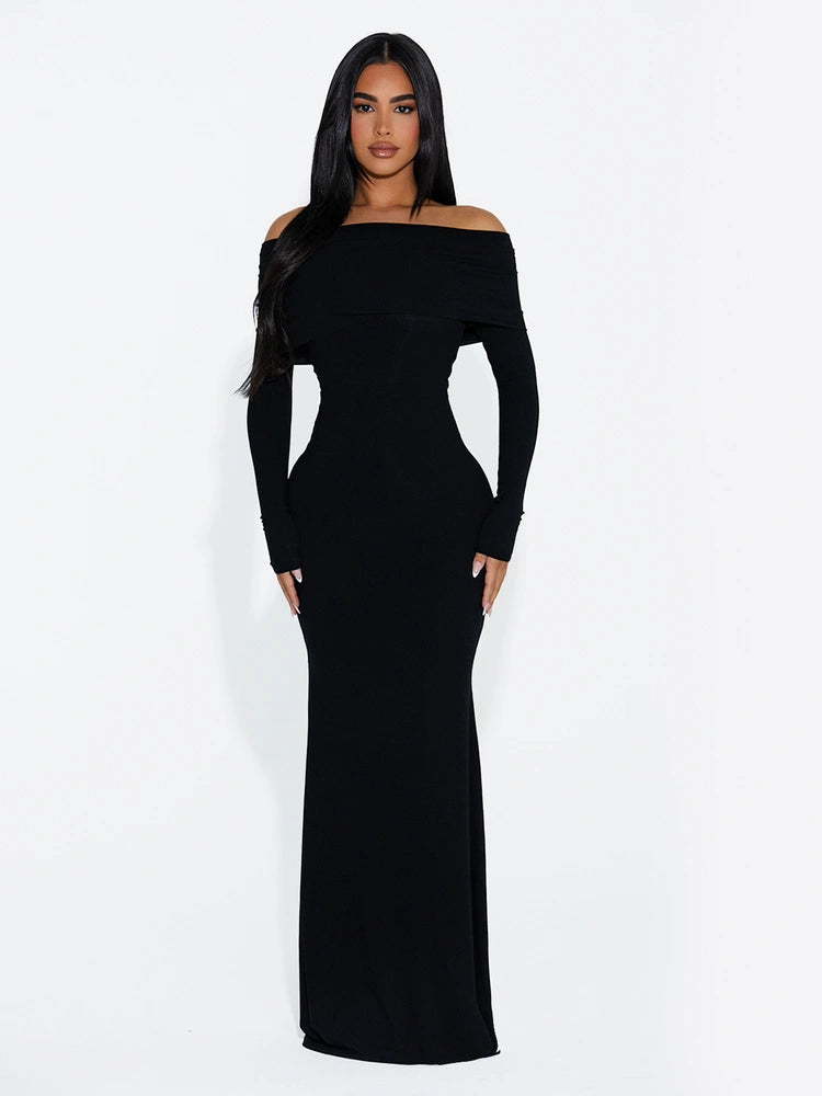 Black OFF SHOULDER RIBBED MAXI DRESS