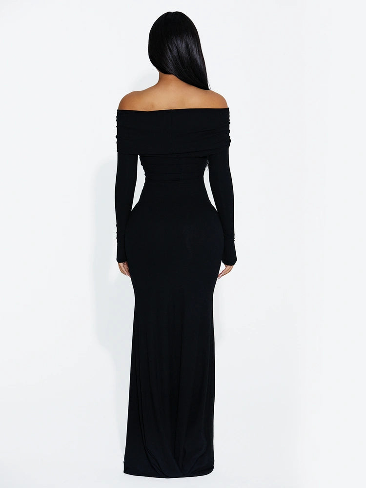 Black OFF SHOULDER RIBBED MAXI DRESS