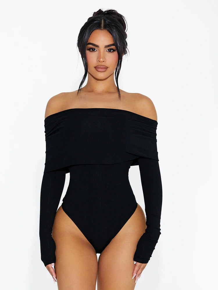 BLACK OFF SHOULDER RIBBED BODYSUIT