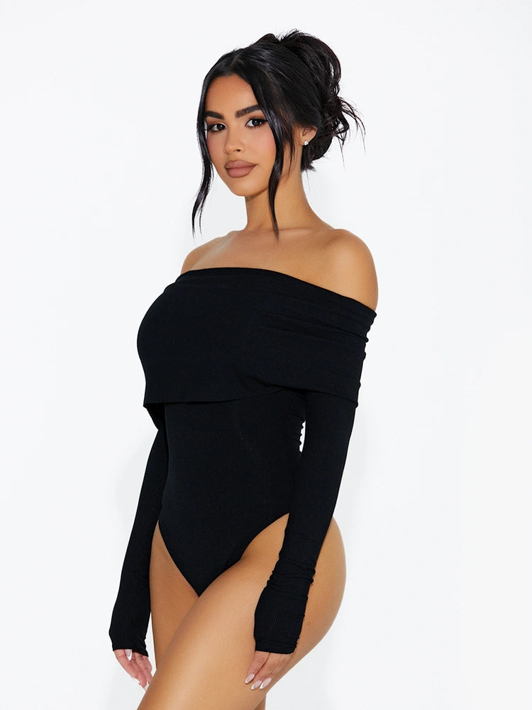 BLACK OFF SHOULDER RIBBED BODYSUIT