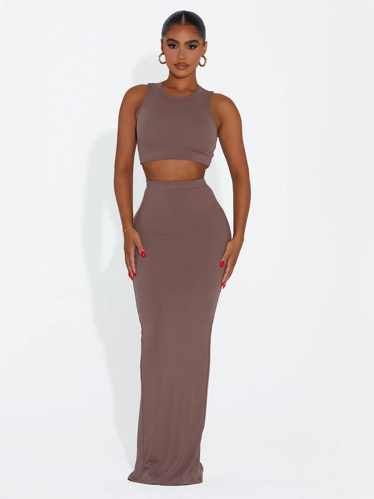 TAUPE Ribbed Vibes Skirt Set