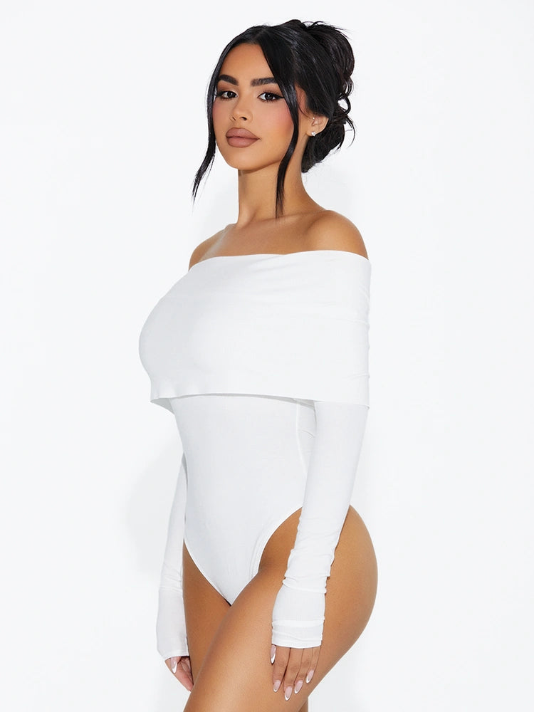 WHITE OFF SHOULDER RIBBED BODYSUIT