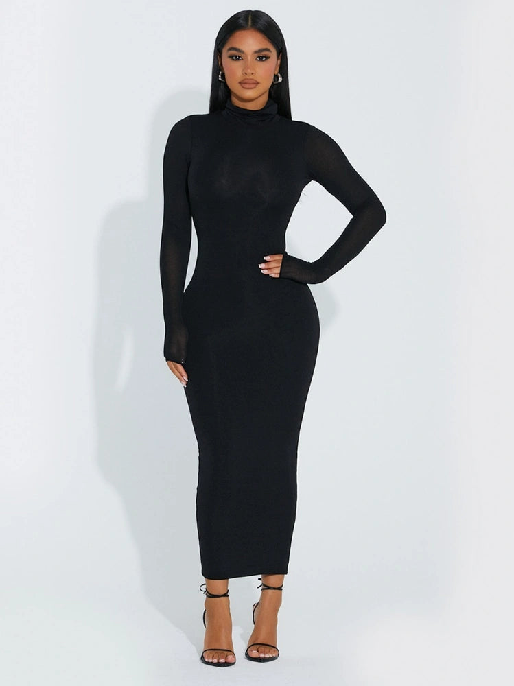 BLACK Up To My Neck Midi Dress