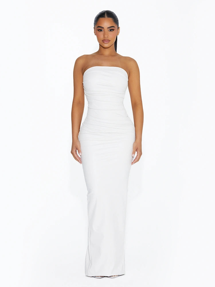 WHITE Vegan Leather Pleated Maxi Dress