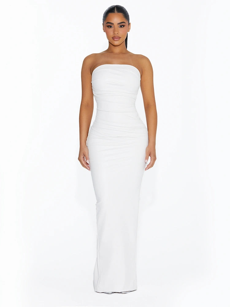 WHITE Vegan Leather Pleated Maxi Dress