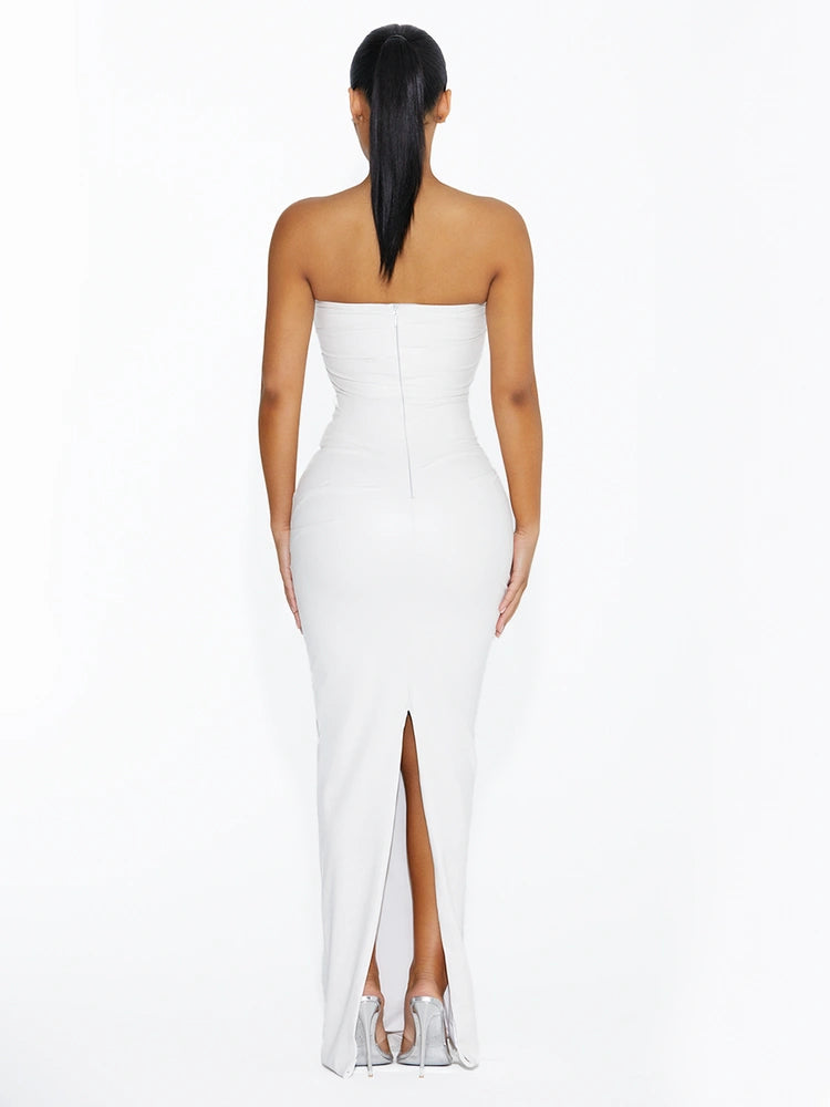 WHITE Vegan Leather Pleated Maxi Dress