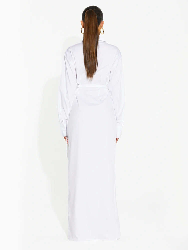 WHITE V-Neck Shirting Maxi Dress