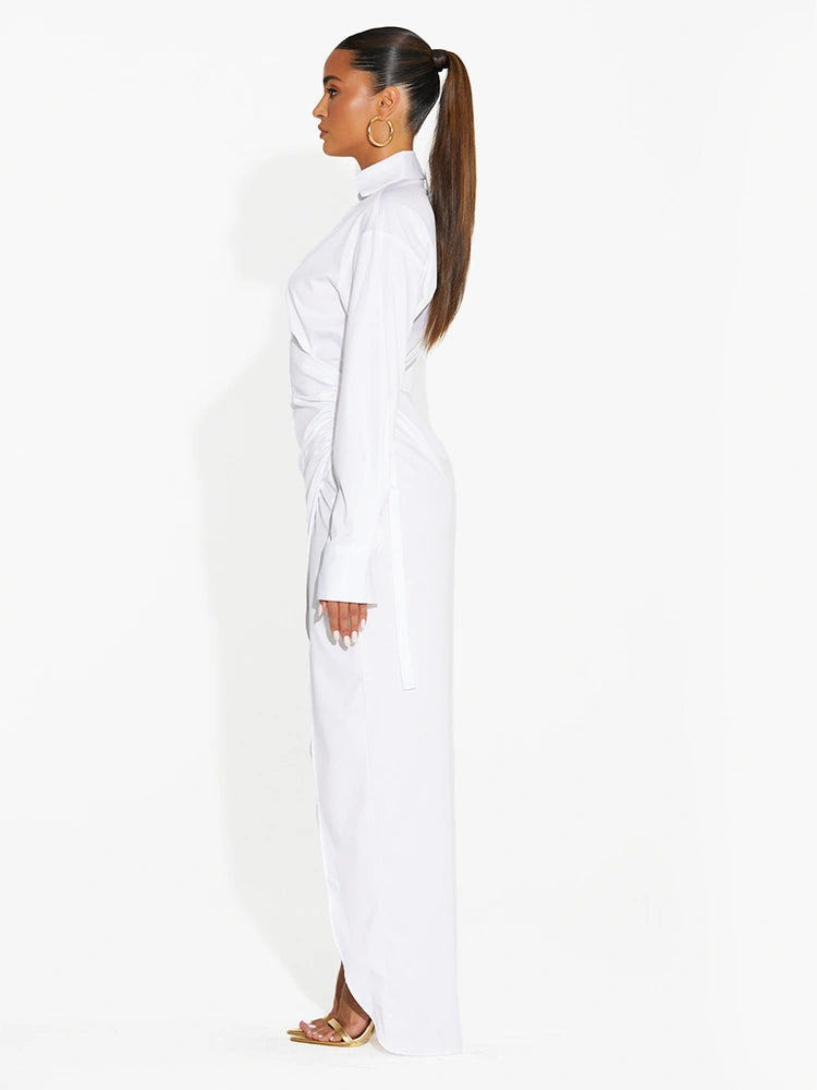 WHITE V-Neck Shirting Maxi Dress