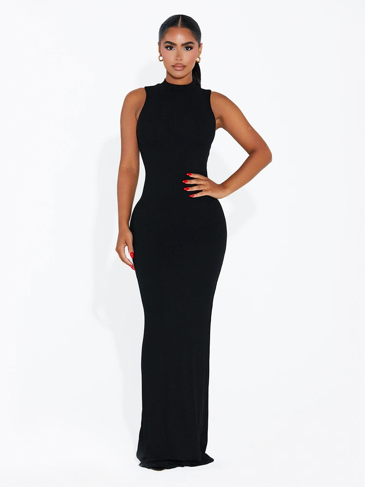 BLACK Ribbed Chic Maxi Dress