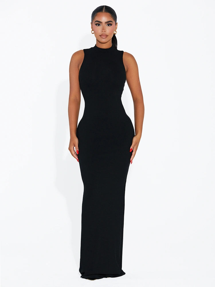 BLACK Ribbed Chic Maxi Dress