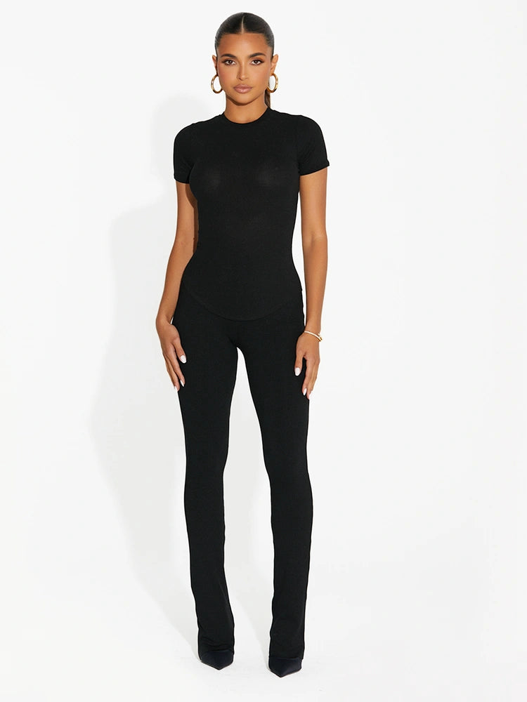 BLACK Micro Ribbed Straight Leg Pants