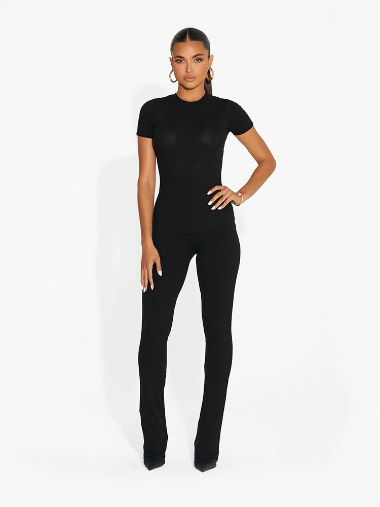 BLACK Micro Ribbed Straight Leg Pants