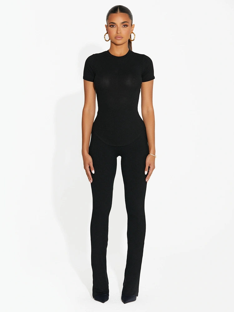 BLACK Micro Ribbed Straight Leg Pants