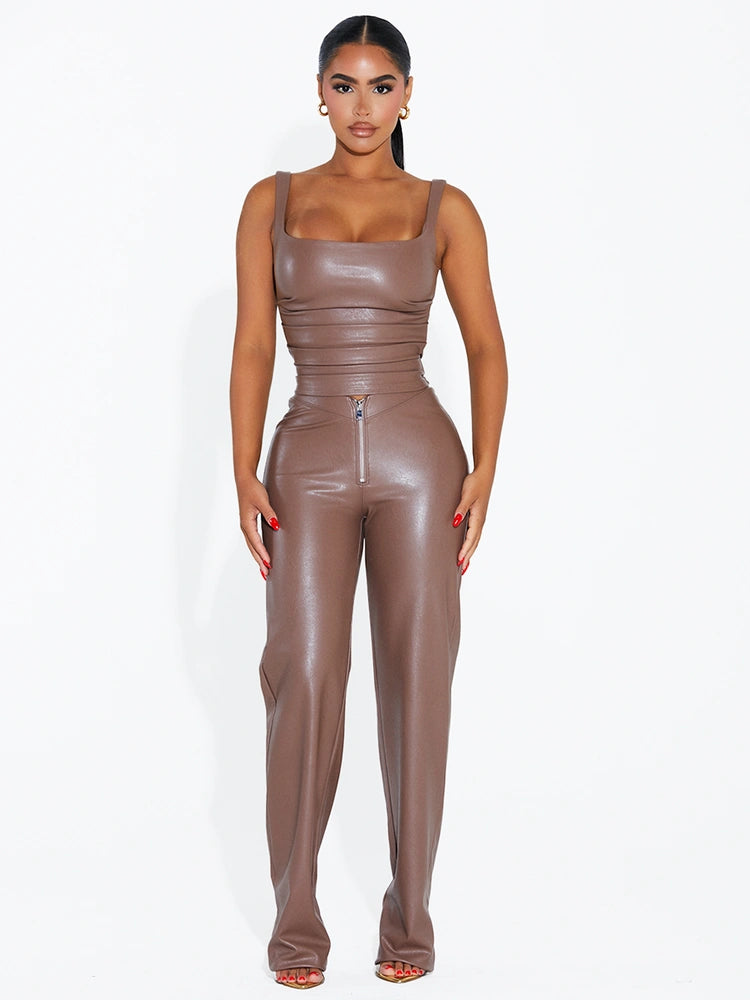 TAUPE Vegan Leather Pleated Tank Top