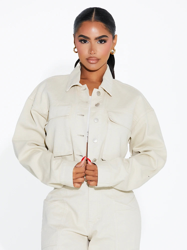 Natural Cropped Button Up Denim Jacket