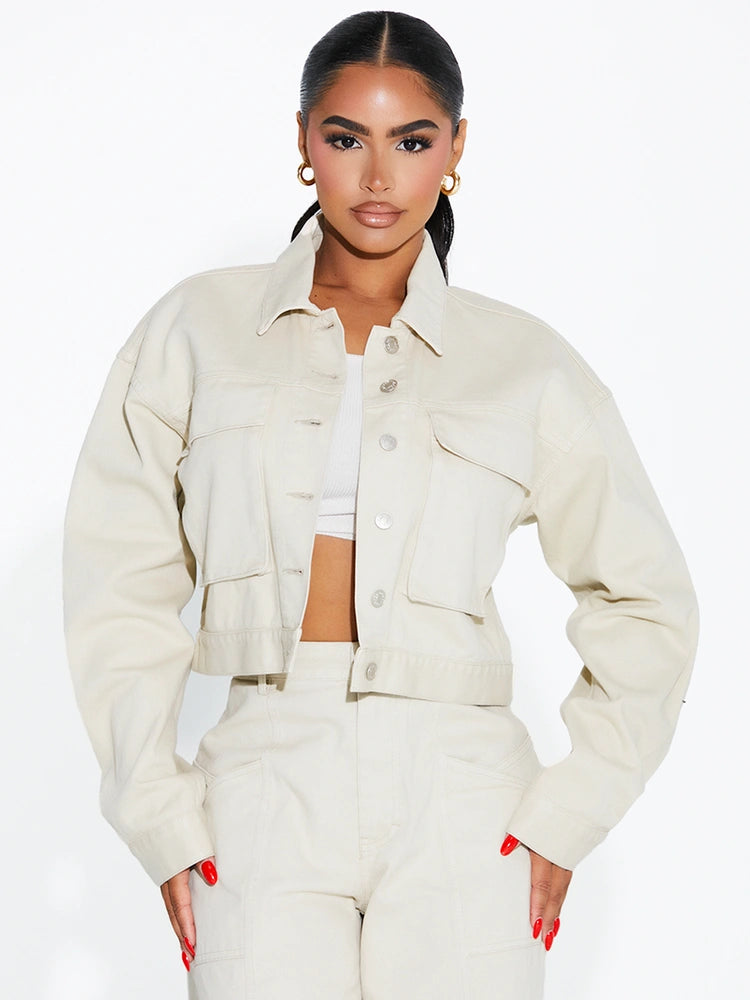 Natural Cropped Button Up Denim Jacket