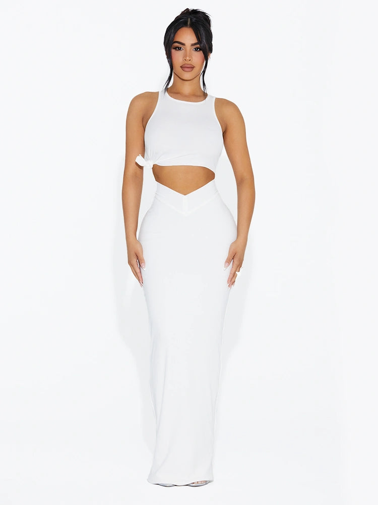 White Ribbed Knotted Crop Top