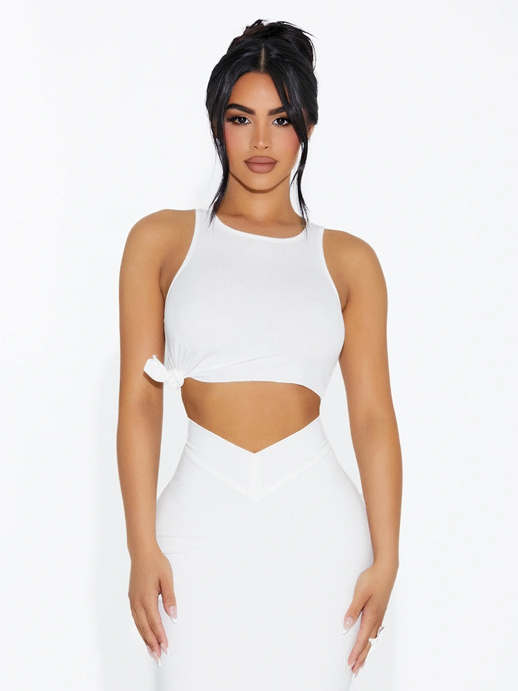 White Ribbed Knotted Crop Top
