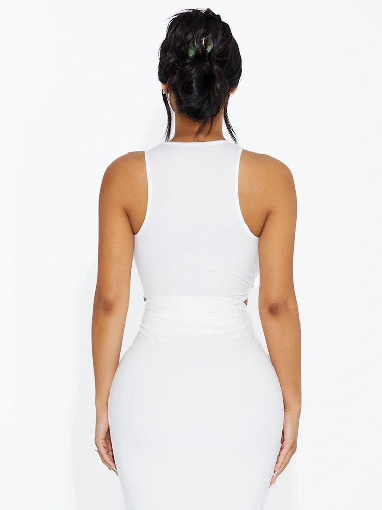 White Ribbed Knotted Crop Top