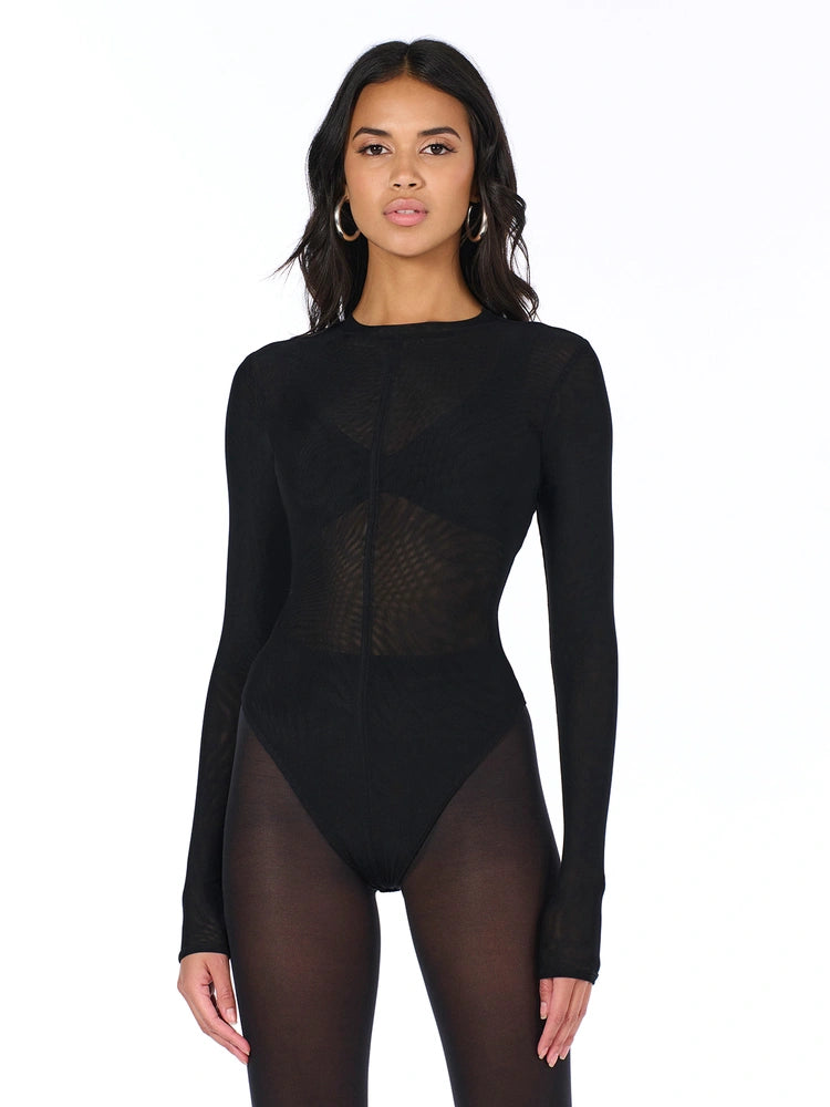Black Mesh Crewneck Bodysuit