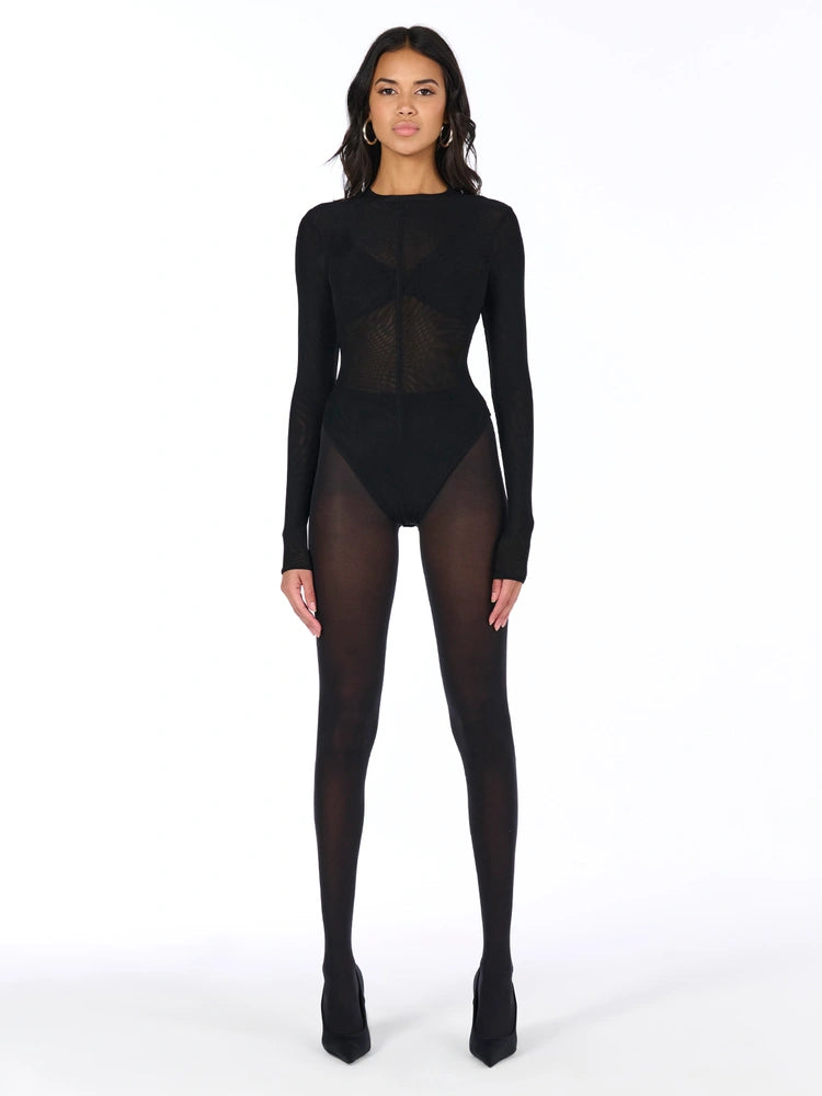Black Mesh Crewneck Bodysuit