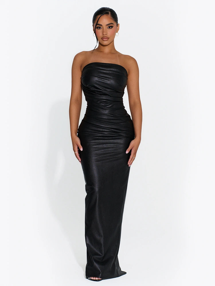 BLACK Vegan Leather Pleated Maxi Dress