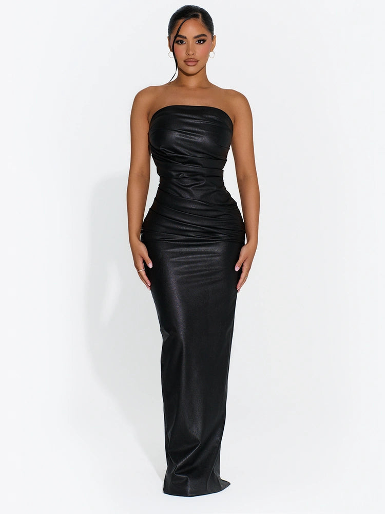 BLACK Vegan Leather Pleated Maxi Dress