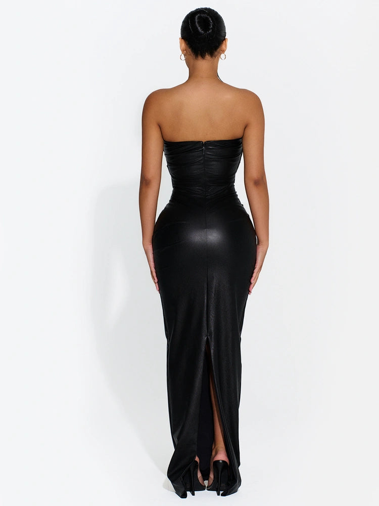 BLACK Vegan Leather Pleated Maxi Dress