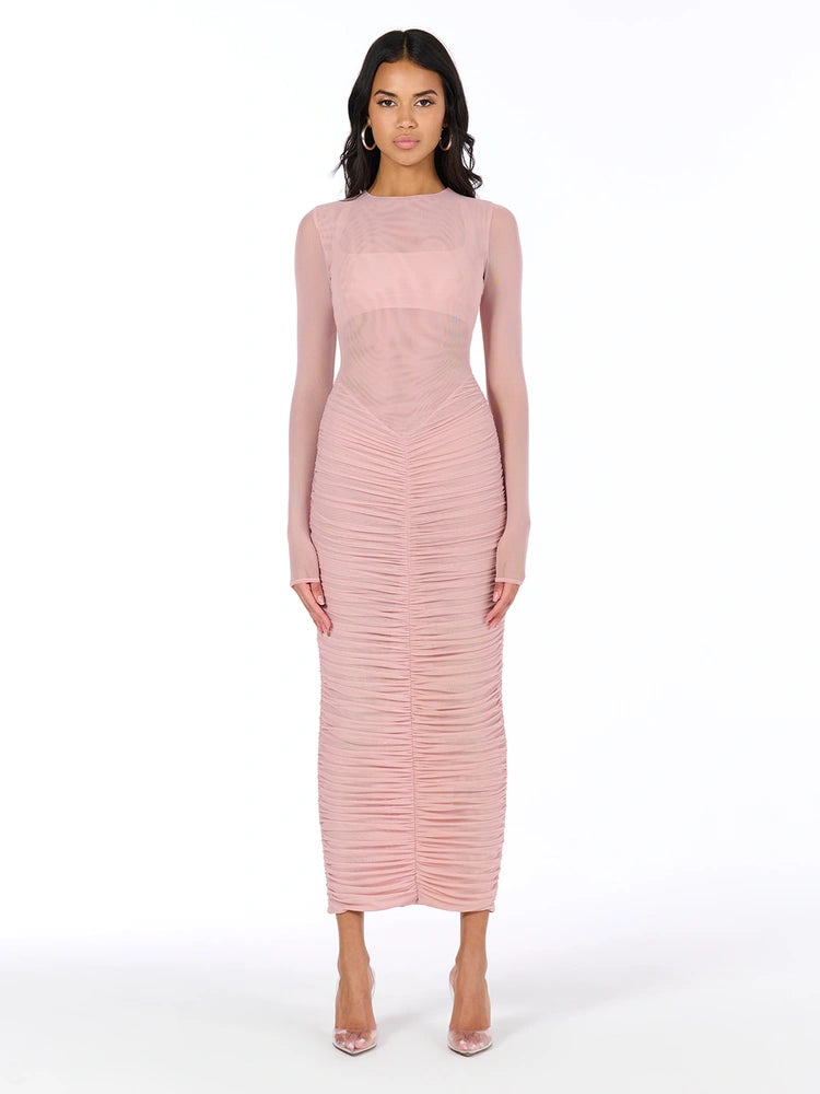 Pale Pink Ruched Mesh Midi Dress