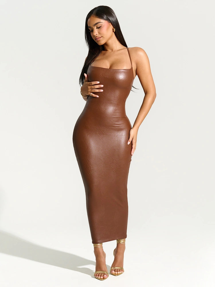 Chocolate Leather Cross Back Dress