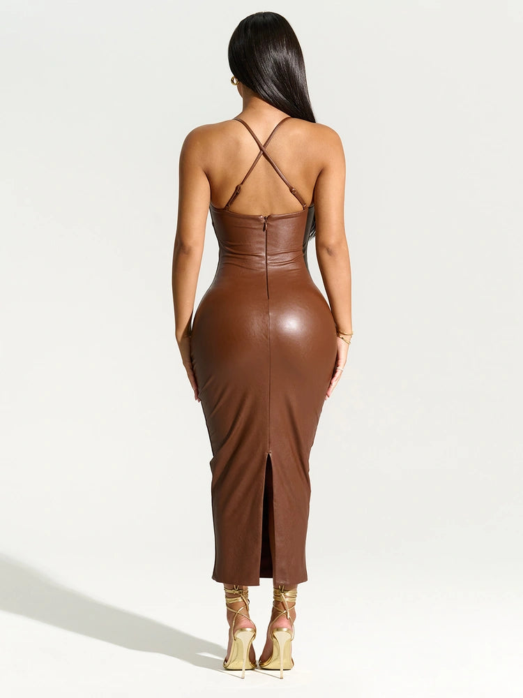 Chocolate Leather Cross Back Dress