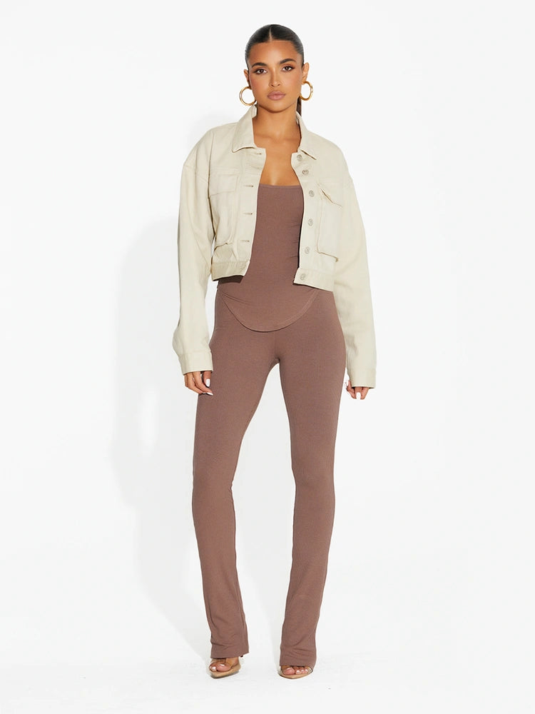 TAUPE Micro Ribbed Straight Leg Pants