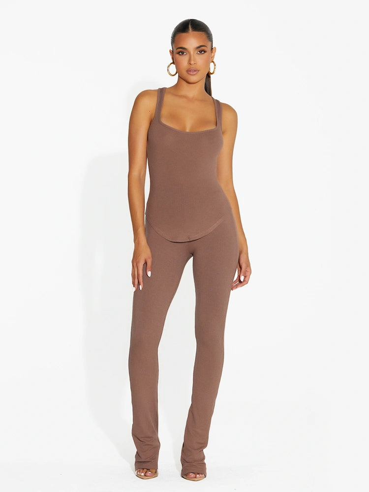 TAUPE Micro Ribbed Straight Leg Pants