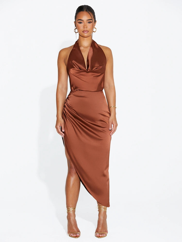BROWN Satin Ruched Midi Skirt
