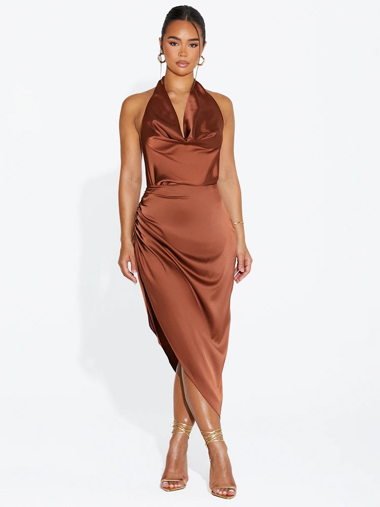 BROWN Satin Ruched Midi Skirt