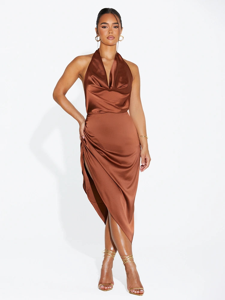 BROWN Satin Ruched Midi Skirt