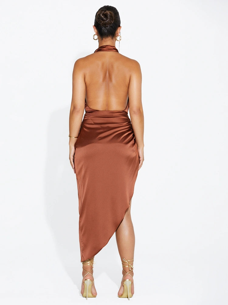 BROWN Satin Ruched Midi Skirt