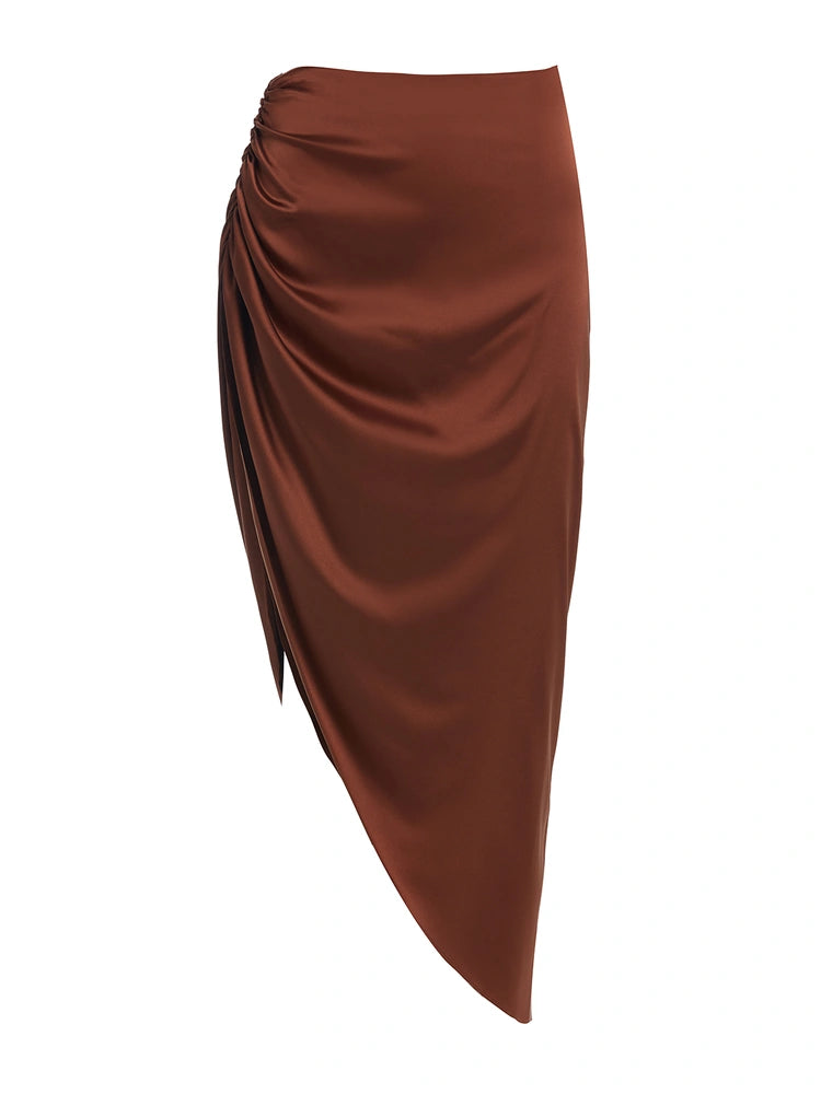 BROWN Satin Ruched Midi Skirt