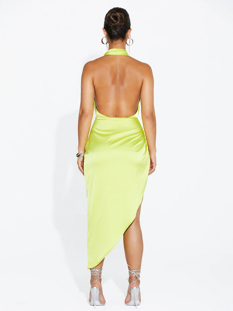 CHARTREUSE Satin Ruched Midi Skirt