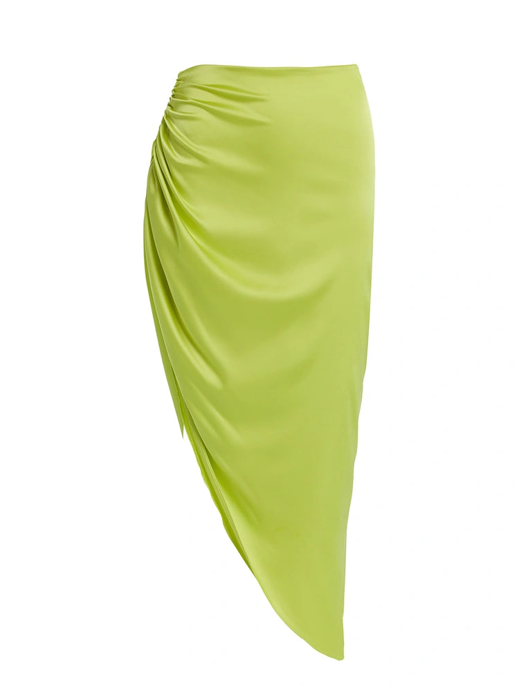 CHARTREUSE Satin Ruched Midi Skirt