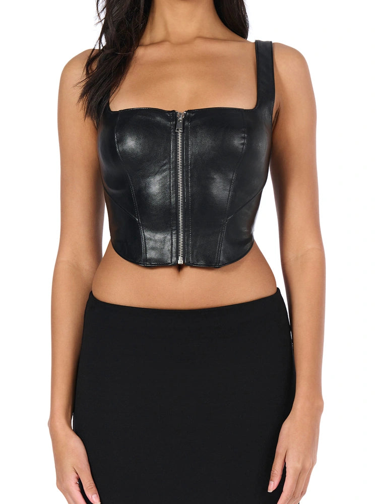 BLACK Vegan Leather Zip Up Corset Top