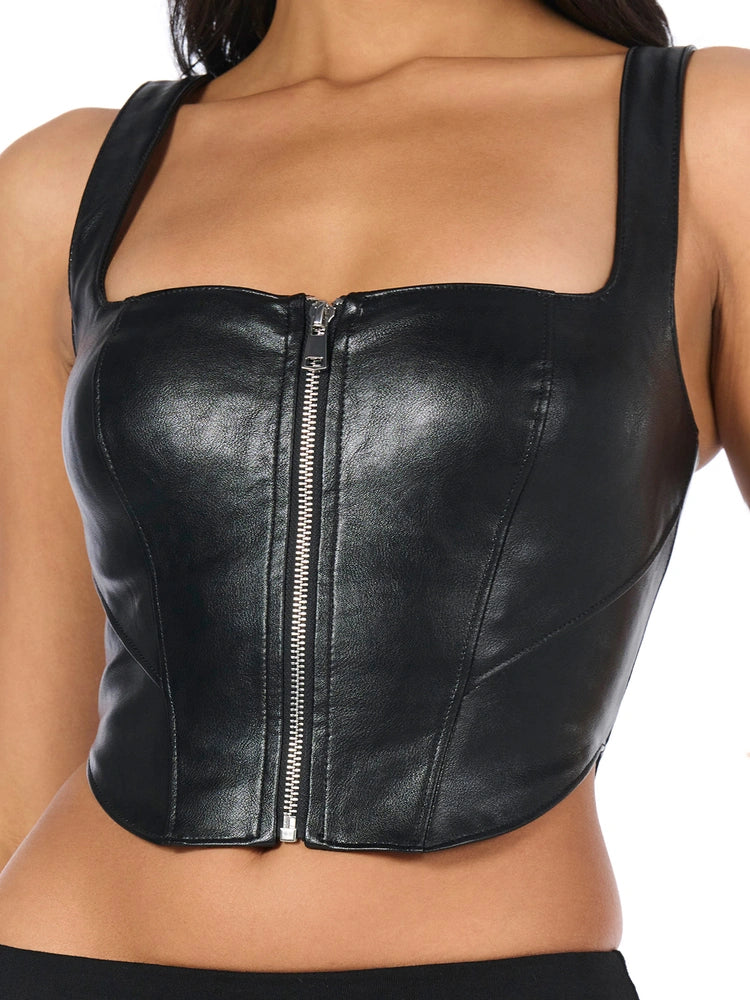Black Vegan Leather Zip Up Corset Top