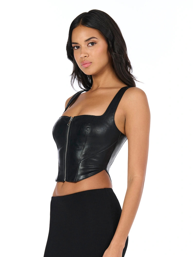 BLACK Vegan Leather Zip Up Corset Top